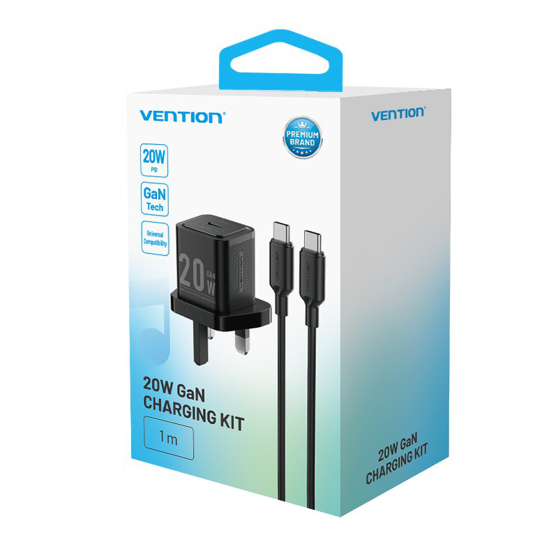 Vention charger wall gan 20w 1xUSBc uk + USB-c 1m cable black fepb0-uk-01, , medium-null