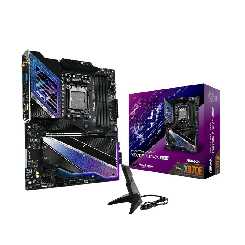 Asrock x870e nova Wi-Fi atx motherboard socket am5 AMD x870e ddr5 pcie 5.0 5x m.2 Wi-Fi 7 USB4 5GBe silver-null