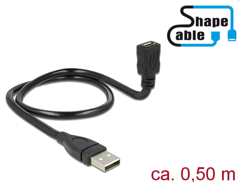 Delock shapecable / USB extension cable / micro-USB type b (f) to USB (m) / USB 2.0 / 50 cm / black-null