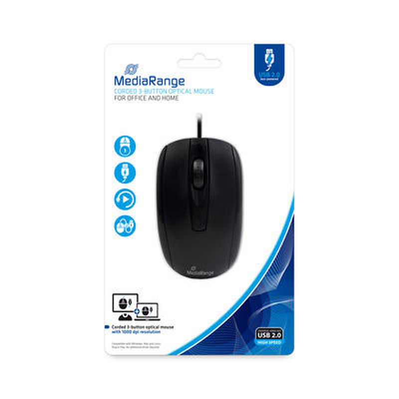 Mediarange corded 3 button optical mouse black, , medium-null