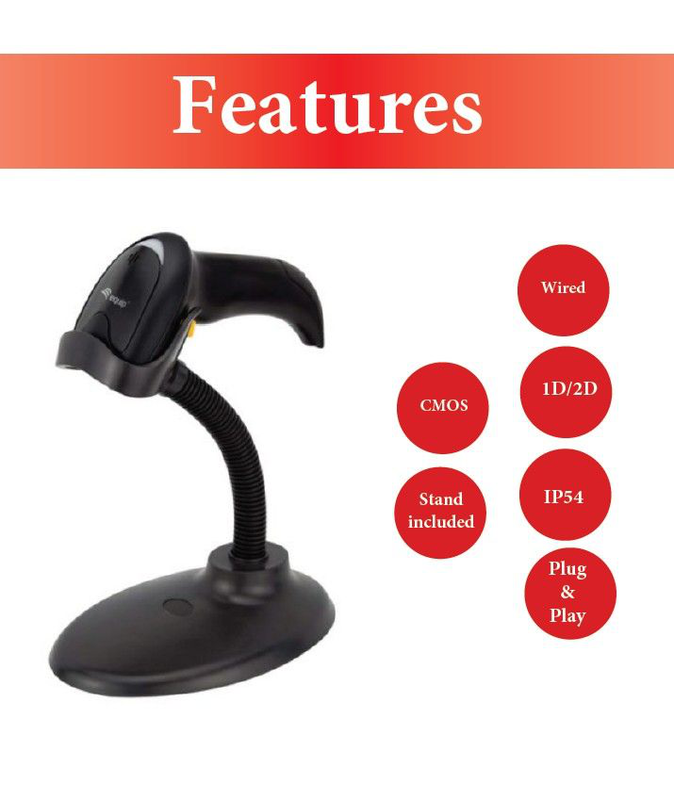 Equip USB 2d cmos barcode scanner with stand | wired USB | 220 scans/sec | 1d & 2d support | ip54 | 1.8m cable | black, , medium-null