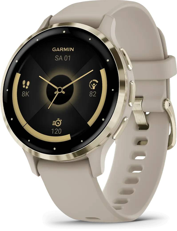 Garmin venu 3s GPS smartwatch | 41mm | amOLED | soft gold stainless steel bezel | french gray case & silicone band, , medium-null