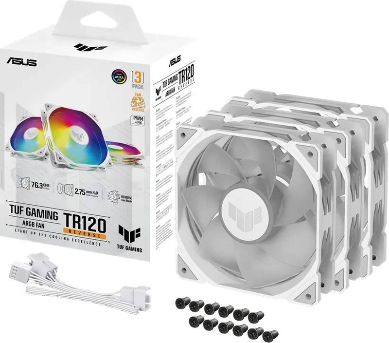 Asus tuf gaming tr120 argb reverse blade 120mm pwm case fan 3-pack 2000 rpm 16 addressable leds aura sync white-null