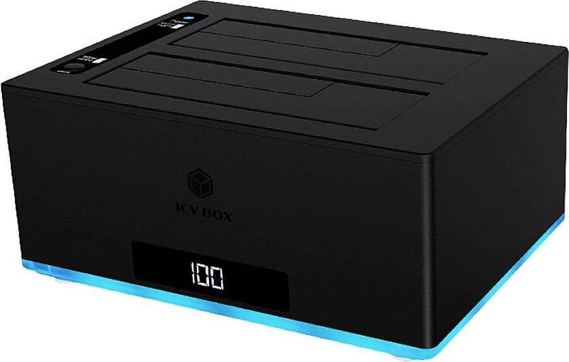 Icy box ib-127cl-u3 dual bay USB-c and USB-a docking clone station for 2.5 3.5 inch sata HDD SSD with rgb, , medium-null