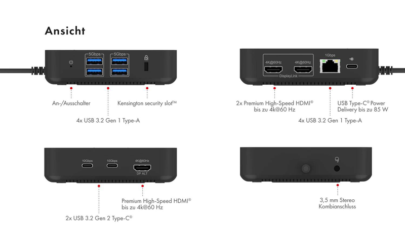 Icy box ib-dk4090-c 12-in-1 USB-c docking station 3x HDMI triple 4k 60hz 85w pd 6x USB gigabit ethernet black-null