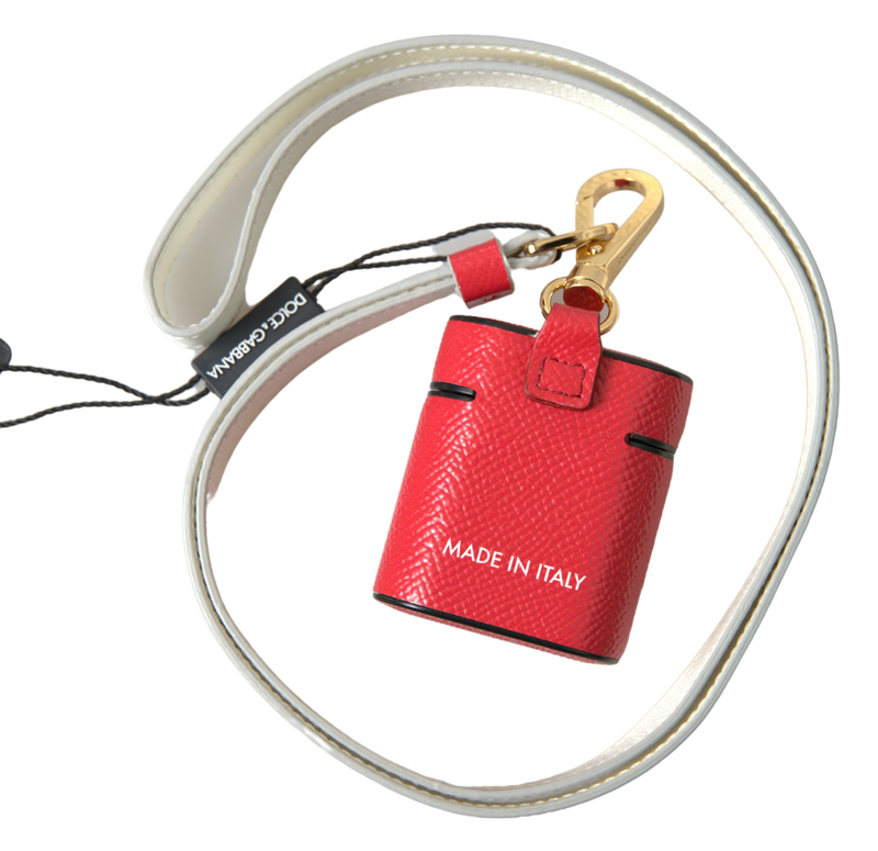 Red leather gold tone metal logo print AirPods case-null