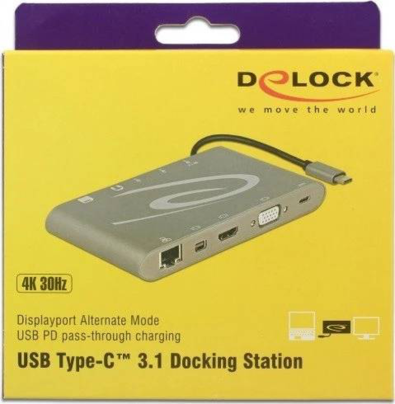 Delock 87297 USB-c 3.1 docking station 4k 30hz dual-display HDMI + mini dp + vga gigabit lan 3x USB-a sd reader pd, , medium-null