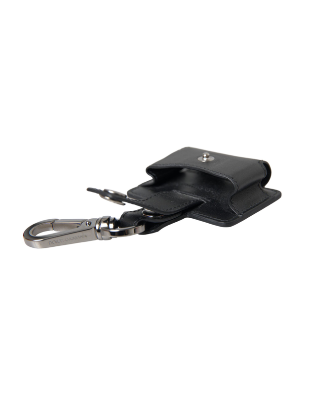Black plain leather silver metal AirPods case-null