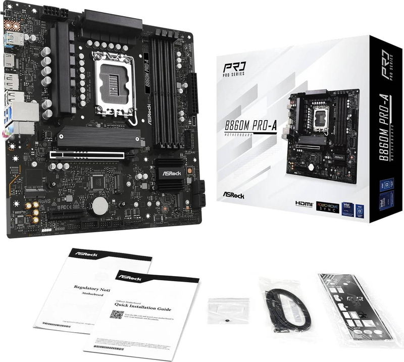 Asrock b860m pro-a micro-atx motherboard lga1851 b860 ddr5 pcie 5.0 3x m.2 2.5GBe black 90-mxbrr0-a0uayz-null