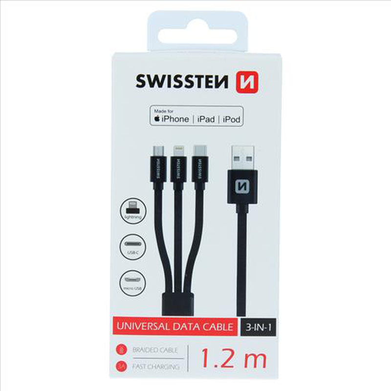 Swissten data cable textile 3in1 mfi 1,2 m black, , medium image number null