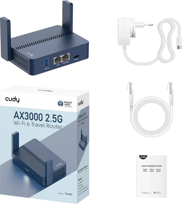 Cudy tr3000 ax3000 Wi-Fi 6 pocket travel router, 2.5G wan + gigabit lan, USB 3.0, vpn, dual-band 160mhz, blue-null