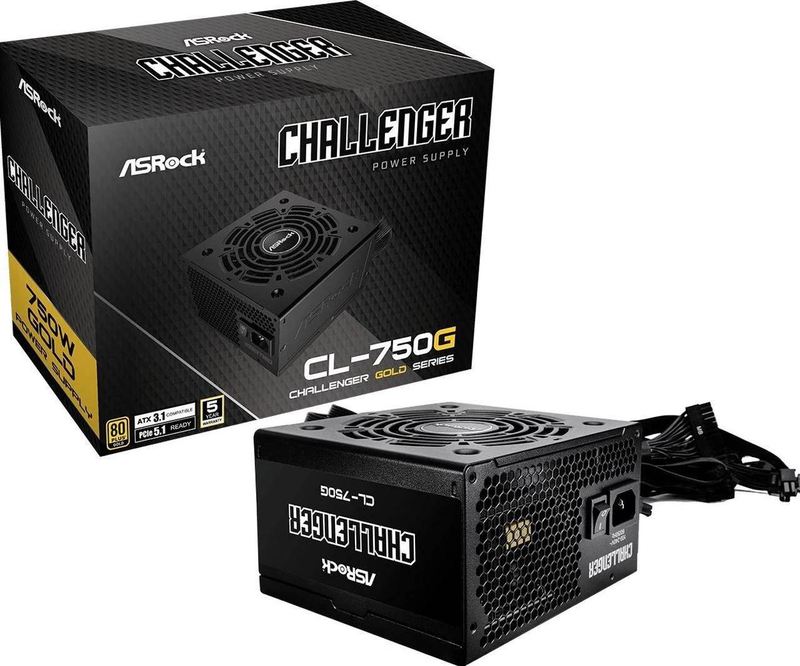 Asrock challenger cl-750g 750w atx 3.1 power supply 80 plus gold pcie 5.1 12v-2x6 non-modular black-null
