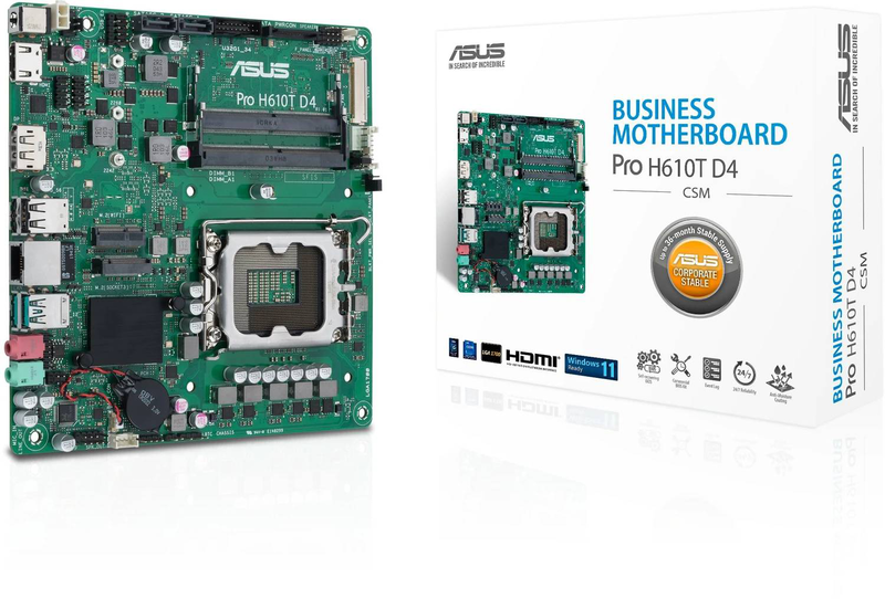 Asus pro h610t d4-csm thin mini-itx motherboard lga 1700 intel h610 ddr4 so-dimm 19v dc m.2 HDMI displayport lvds-null