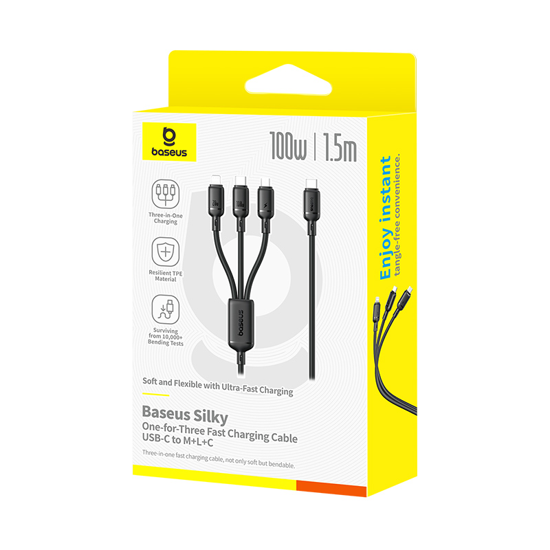 Baseus cable 3in1 USB-c/micro/light to USB-c silky one-for-three 100w 1.5m black, , medium-null