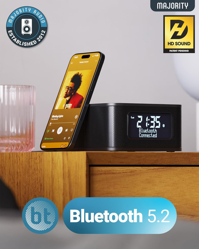 Majority radio bedside alarm clock,w/less charg,bt,fm,lcd w/temp darwin, , medium-null
