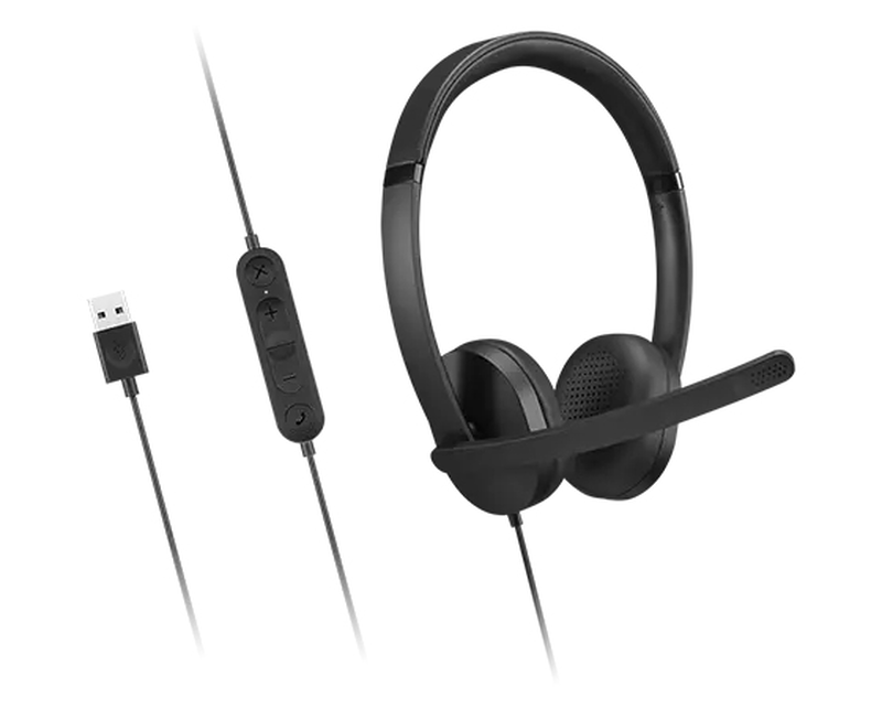 Lenovo USB-a wired stereo headset Gen 2 4xd1p83425 on-ear boom mic in-line controls plug and play black-null
