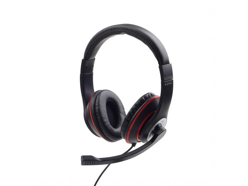 Gembird mhs-03-bkrd wired stereo headset 40mm drivers rotating mic in-line volume 3.5mm black red-null