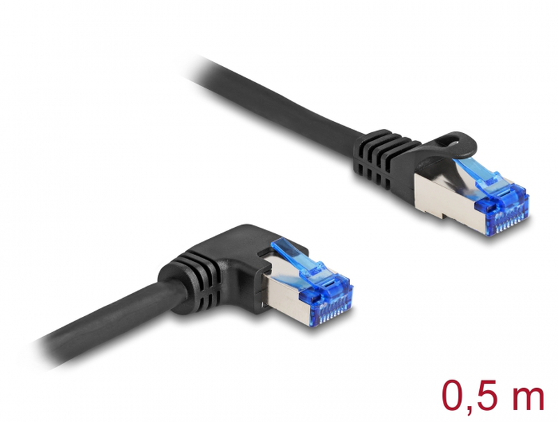 Delock - network cable - rj-45 (m) straight to rj-45 (m) right-angled - 50 cm - 6 mm - s/ftp - cat 6a - halogen-free, snagless - black-null