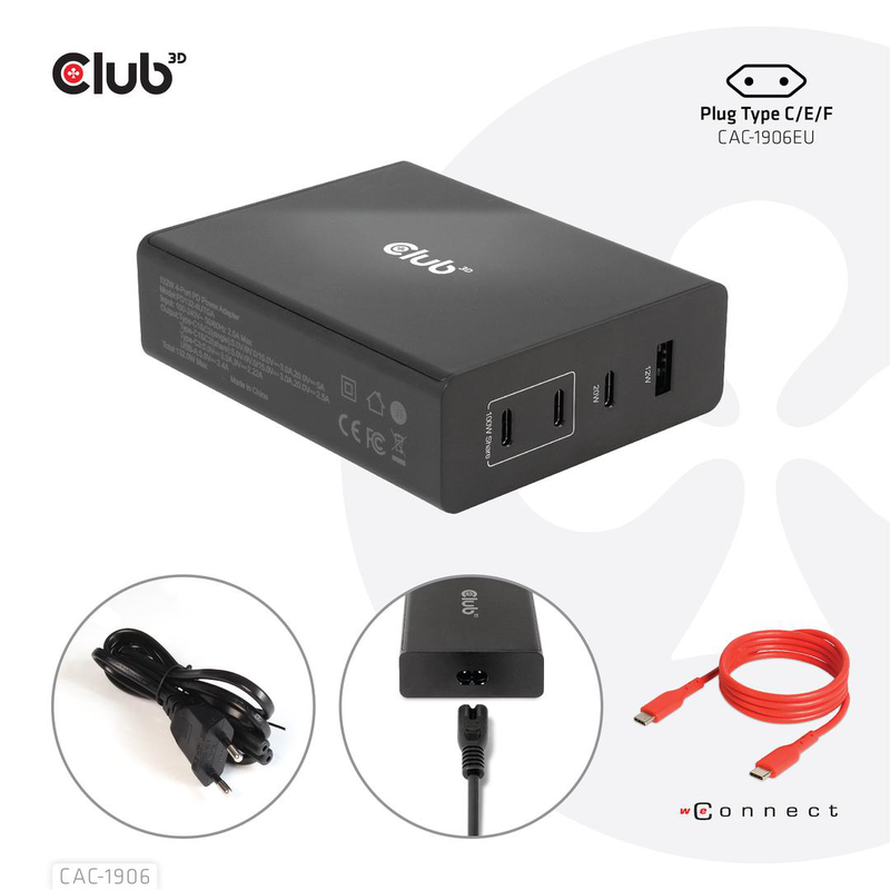 Club 3d cac-1906 132w gan USB charger 4-port USB-c and USB-a power delivery for laptops phones black-null