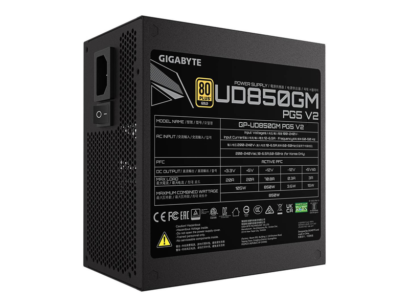 Gigabyte ud850gm pg5 v2 / power supply (internal) / atx12v 3.1/ eps12v / 80 plus gold / ac 100-240 v / 850 watt / active pfc, , medium-null