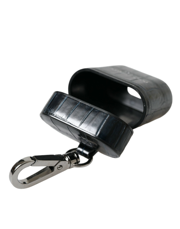 Black crocodile leather silver metal logo AirPods case-null
