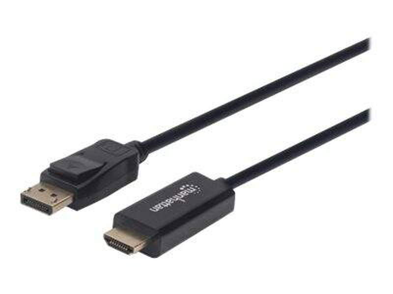 Manhattan displayport 1.2 to HDMI cable, 4k@60hz, 1.8m, male to male, dp with latch, black, not bi-directional, three year warranty, polybag - adapter cable - displayport male latched to HDMI male - 1.8 m - black - molded, 4k support, dolby dts-hd master-null