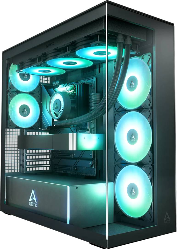 Arctic xtender premium e-atx pc case tempered glass 5 pre-installed fans USB-c black clear glass-null