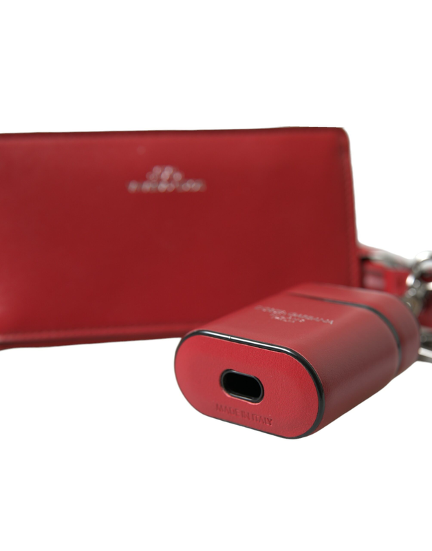 Red leather silver metal logo strap pouch AirPods case-null