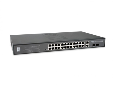Levelone gep-2841 28-port web smart gigabit poe switch/2 x uplink sfp/2 x uplink rj45/24 poe outputs/375w poe power, , medium