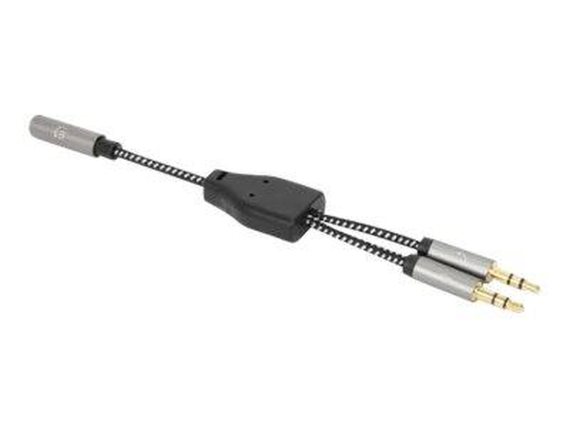 Manhattan headset adapter cable with stereo audio y-splitter, 3.5mm, aux, 15cm, female/2x male, splits single headset plug into microphone and audio plugs, slim design, black/silver, gold plated contacts and pure oxygen-free copper wire, lifetime warranty-null