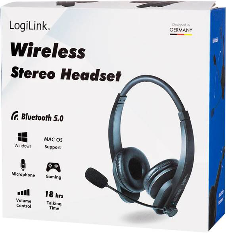 Logilink bt0060 wireless stereo headset black bluetooth 5.0 foldable boom mic volume control 18h talk time-null