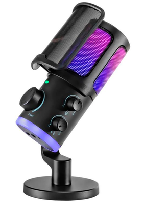 Gaming condenser microphone with chat and gaming volume preference knob, rgb light ring, noise cancelling, volume knob, monitoring control