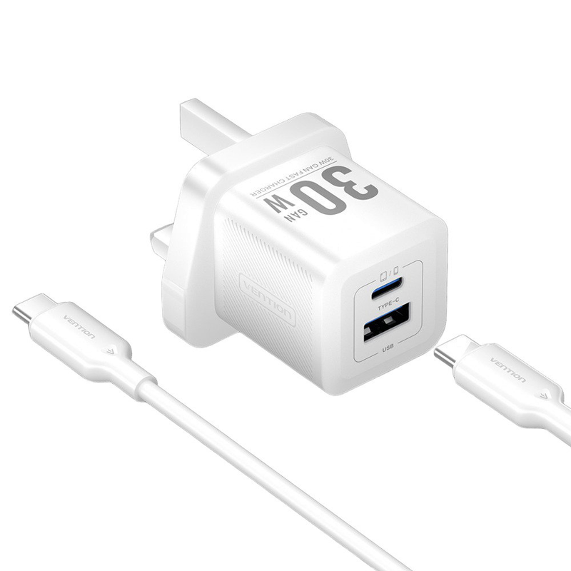 Vention charger wall gan 30w 1xa 1xc+USBc cable white tz-feqw0-uk-01, , medium-null