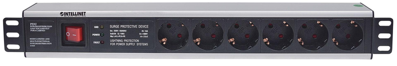 German type", with on/off switch and surge protection, 3m power cord (euro 2-pin plug) - power strip (rack-mountable) - ac 250 v - input: cee 7/4 - output connectors: 6 (cee 7/3) - 1.5u - 19" - 3 m - germany - black, , medium-null