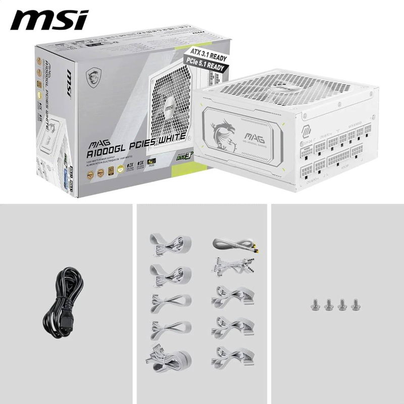 Msi mag a1000gl pcie5 1000w white power supply atx 3.1 80 plus gold fully modular 12v-2x6 600w pcie 5.1 135mm fdb-null