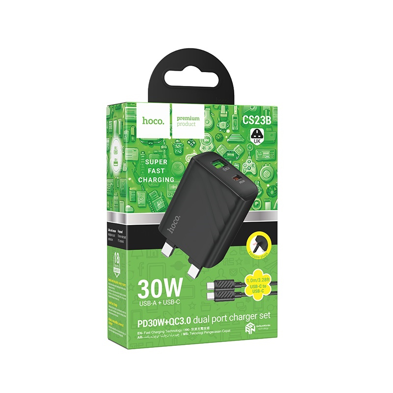 Hoco cs23b sunlight 30w 3pin uk charger 2 port USB-c + USB-a  + USB-c cable 1m black, , medium-null