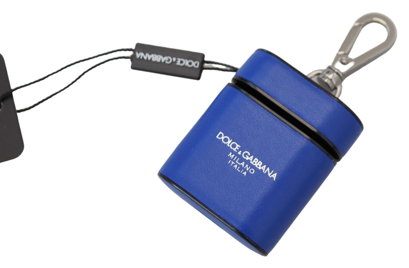 Blue leather silver metal logo AirPods case-null