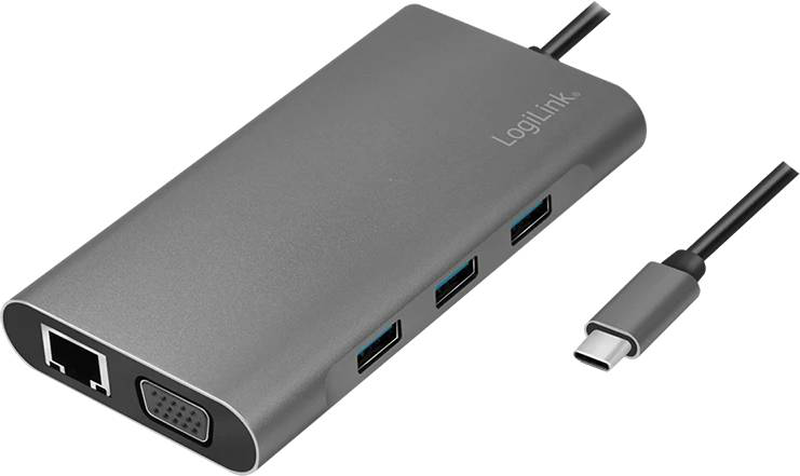 Logilink ua0383 USB-c 3.2 10-in-1 docking station &mdash; 4k HDMI, vga, gigabit ethernet, 3x USB 3.0, sd reader, 100w pd, silver-null