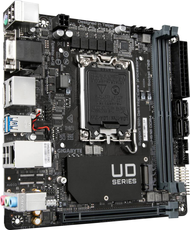 Gigabyte h610i ddr4 mini-itx motherboard lga 1700 intel h610 pcie 4.0 x16 m.2 quad display HDMI dp vga gbe black-null