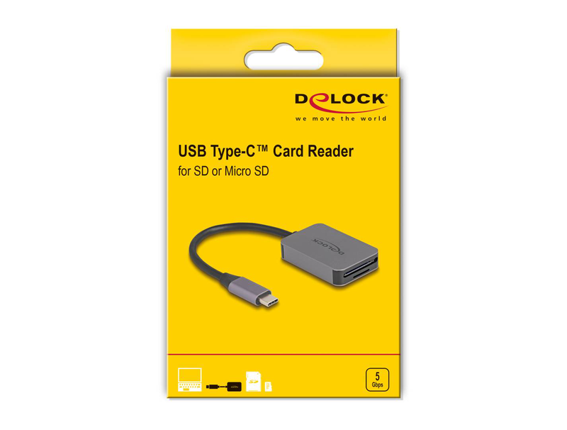 Delock USB Type-C card reader in aluminium enclosure for sd or micro sd memory cards, , medium-null