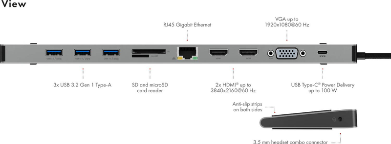 Icy box ib-dk2106a-cpd USB-c 11-in-1 docking station dual HDMI vga 4k gigabit lan 3x USB 3.0 100w pd card reader black-null