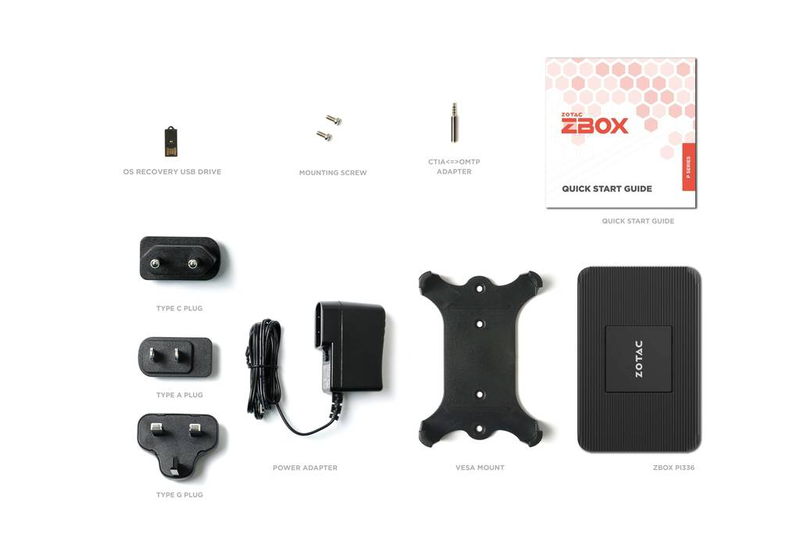 Zotac zbox p series pi336 pico / mini pc / celeron n6211 / 1.2 GHz / ram 4GB / SSD / emmc 128GB / uhd graphics / gigabit ethernet, bluetooth 5.2, ieee 802.11ax (Wi-Fi 6e) wlan: / bluetooth 5.2, 802.11a/b/g/n/ac/ax (Wi-Fi 6e) / win 11 p-null