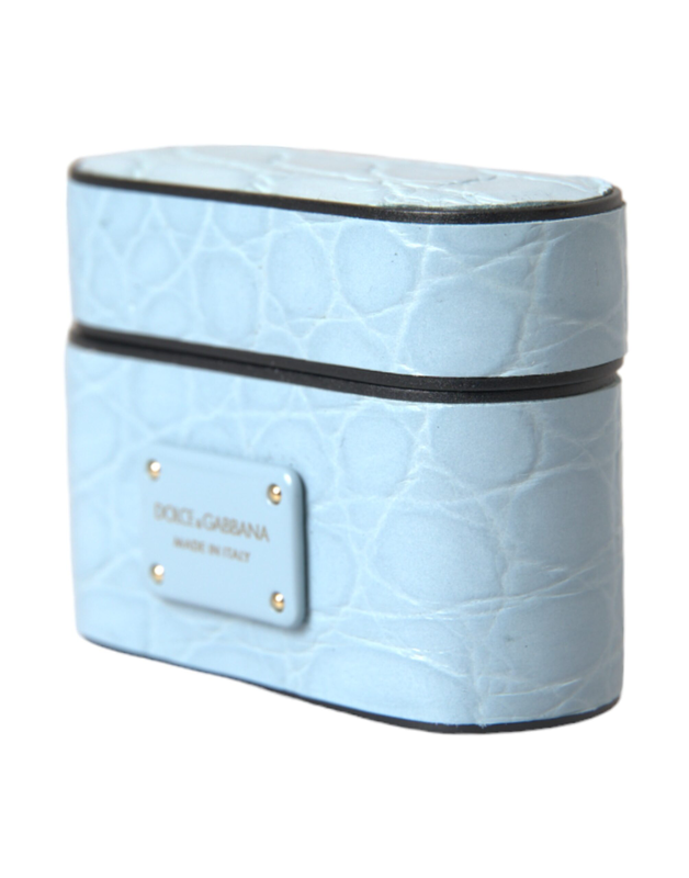 Light blue leather metal logo plaque AirPods case-null