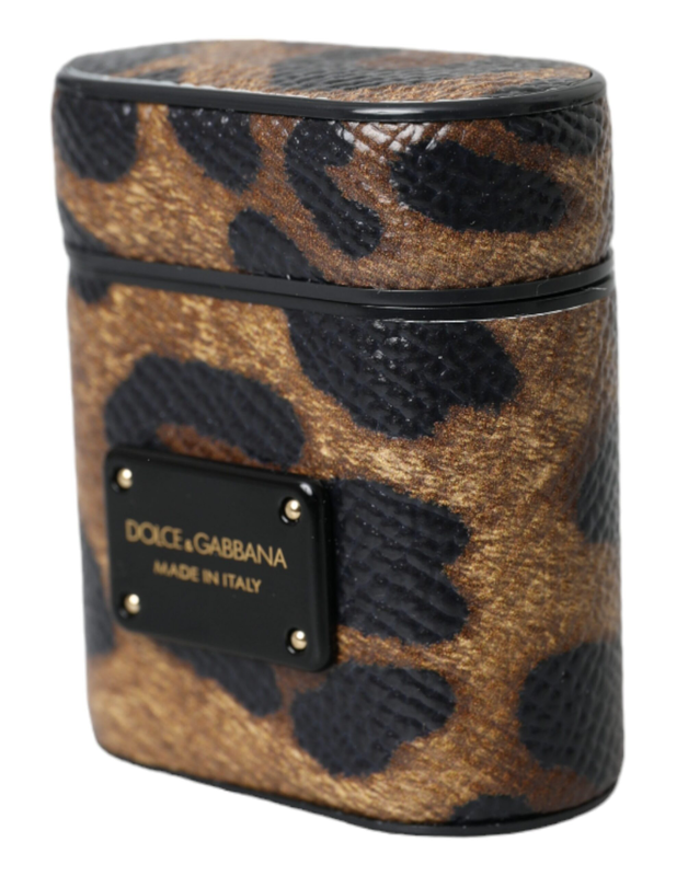 Brown leopard calf leather metal logo plaque AirPods case-null
