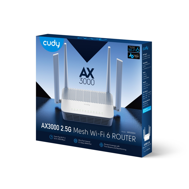 Cudy router ax3000 dual band 2.5G Wi-Fi 6 mesh vpn wr3000h, , medium-null