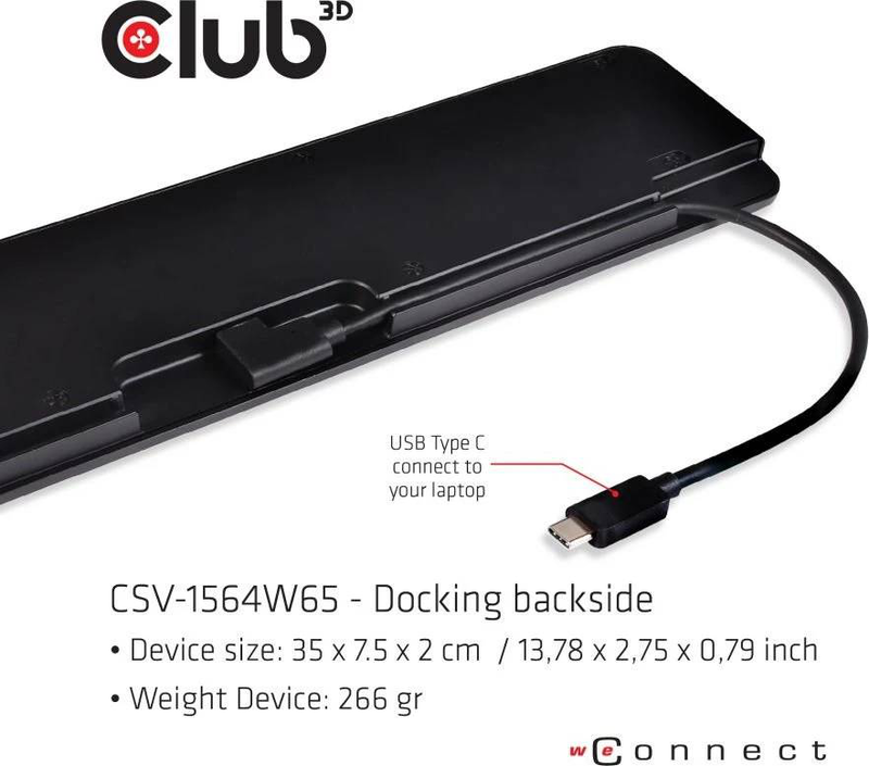 Club 3d csv-1564w65 USB-c triple display docking station vga HDMI displayport gigabit ethernet 65w pd charging black-null