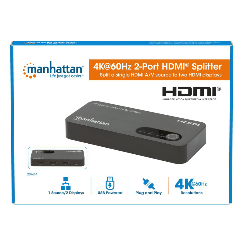 Manhattan HDMI splitter / video/audio splitter / 4k, 60hz, with downscaling / 2 x HDMI / desktop-null
