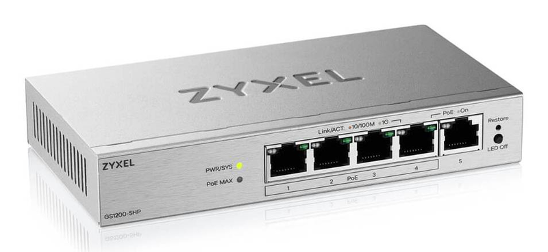 Zyxel gs1200-5hpv3 5-port gigabit web-managed poe+ switch, 4 poe+ ports, 68w budget-null