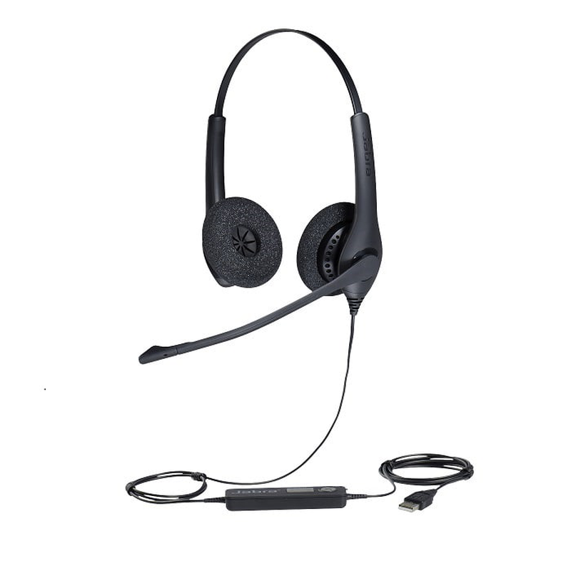 Jabra biz 1500 duo USB stereo headset noise cancelling mic HD voice peakstop in-line controls black 1559-0159-null