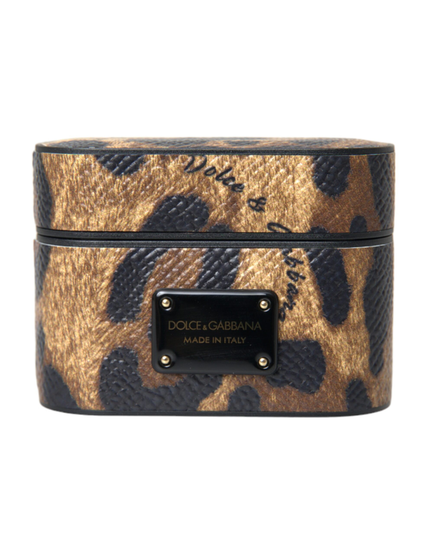 Brown leopard calf leather metal logo plaque AirPods case-null